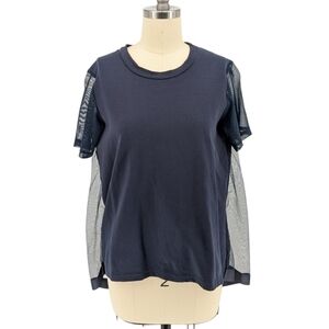 Women Knit Mesh Shirt Navy Blue M/L minimalist short sleeve relaxed fit